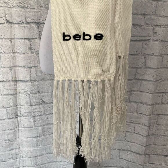 Bebe women OS Winter beanie and scarf white w/black writing main image 4